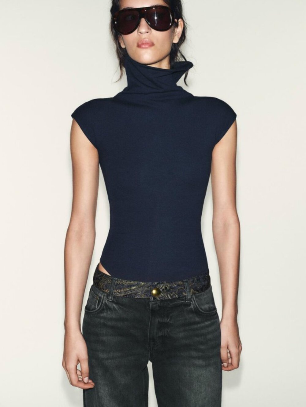 Zara Navy Cotton Body with Mock Neck Collar • Ribbed Knit • Size M NWT